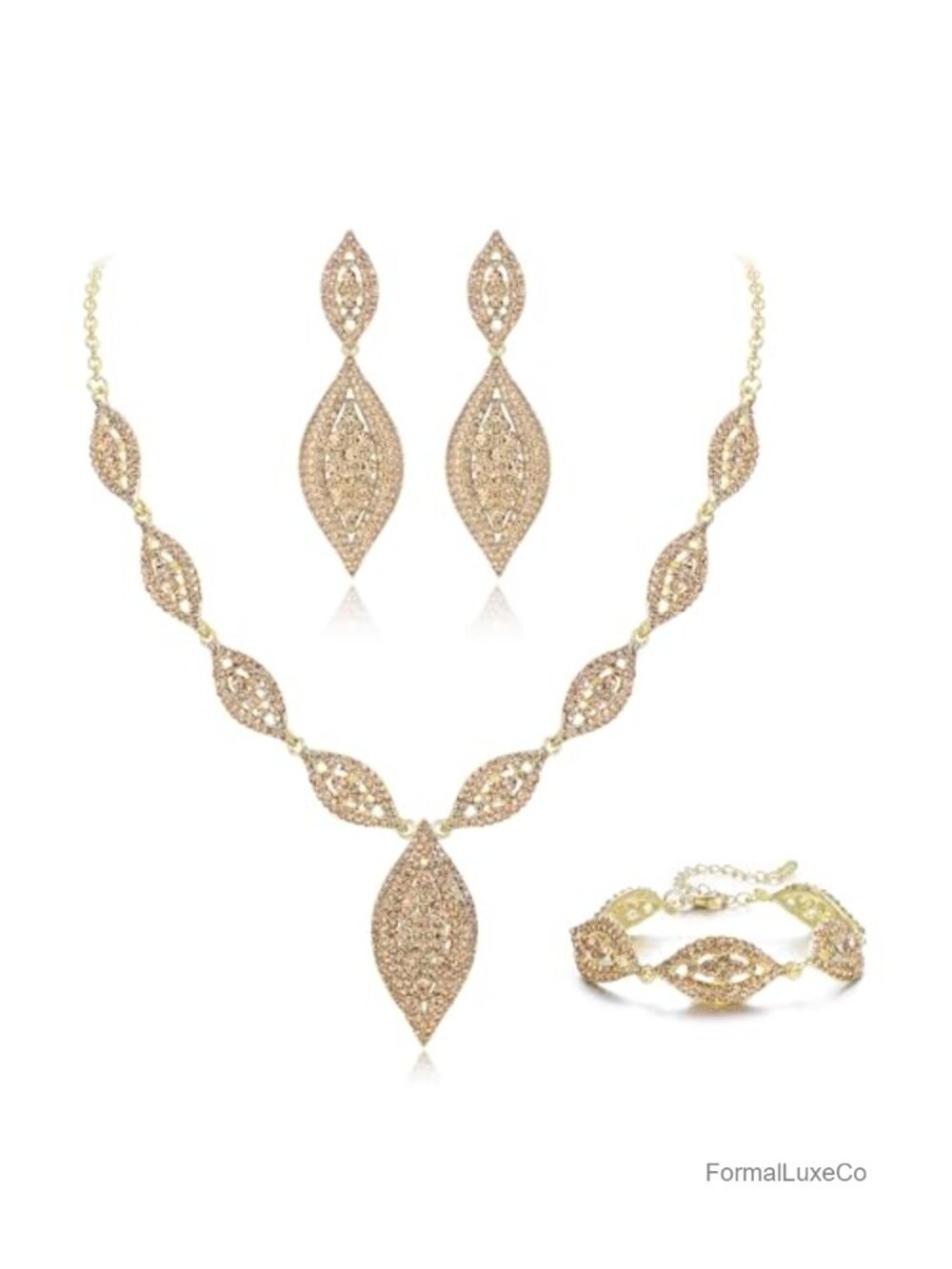 Wedding Jewelry Set Rhinestone Crystal Bridal Leaf Necklace Drop Dangle
